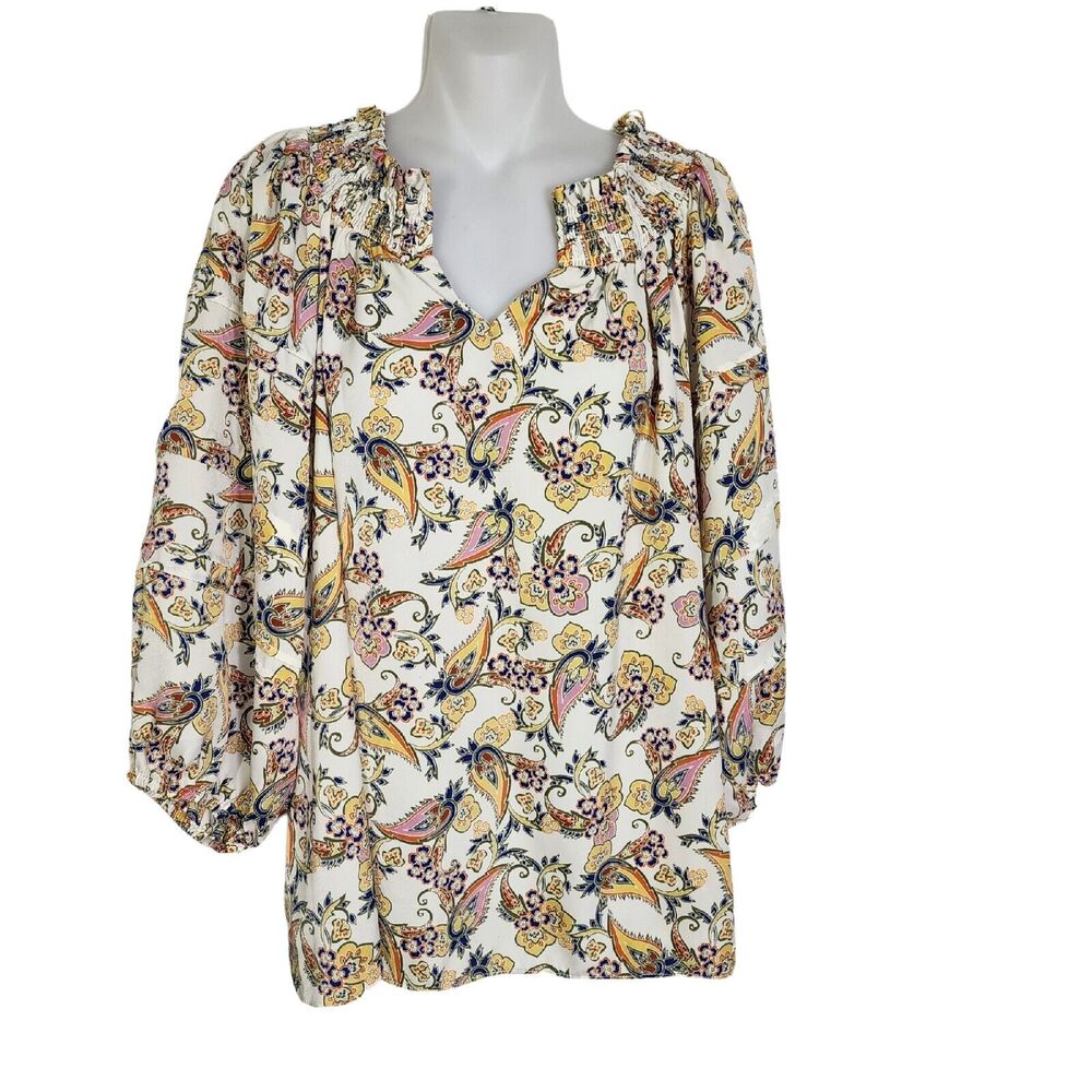 Rose + Olive Women's Top Blouse Size Medium Floral Paisley Pleated Tiered Sleeve